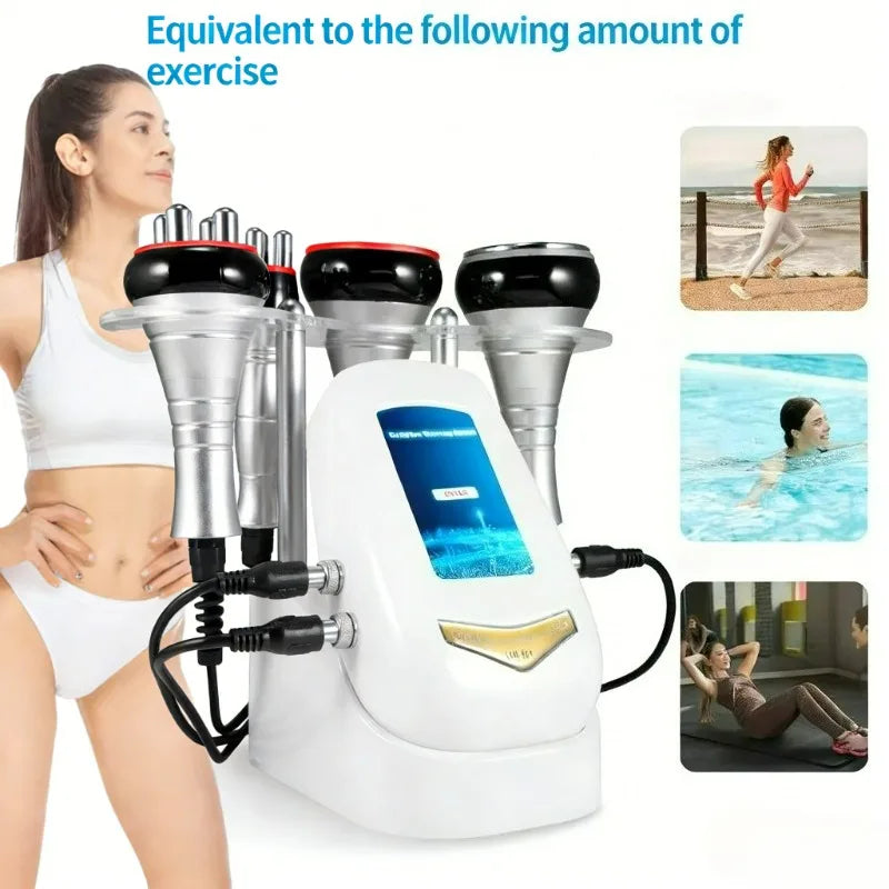 Body sculpting machine with a woman and lifestyle images on a white background