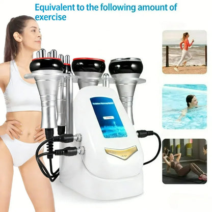 Body sculpting machine with a woman and lifestyle images on a white background