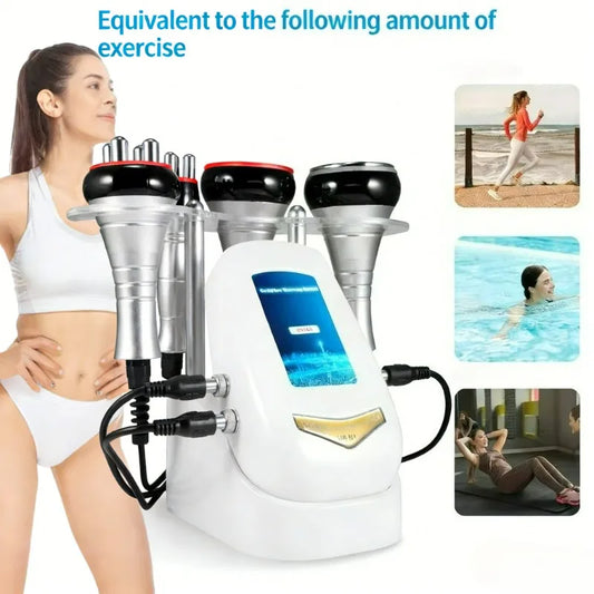 Body sculpting machine with a woman and lifestyle images on a white background