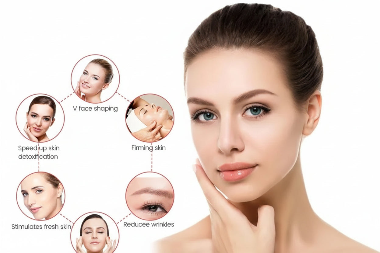 Woman with a close-up of her face and icons indicating skin care benefits, with BXA branding OUT
